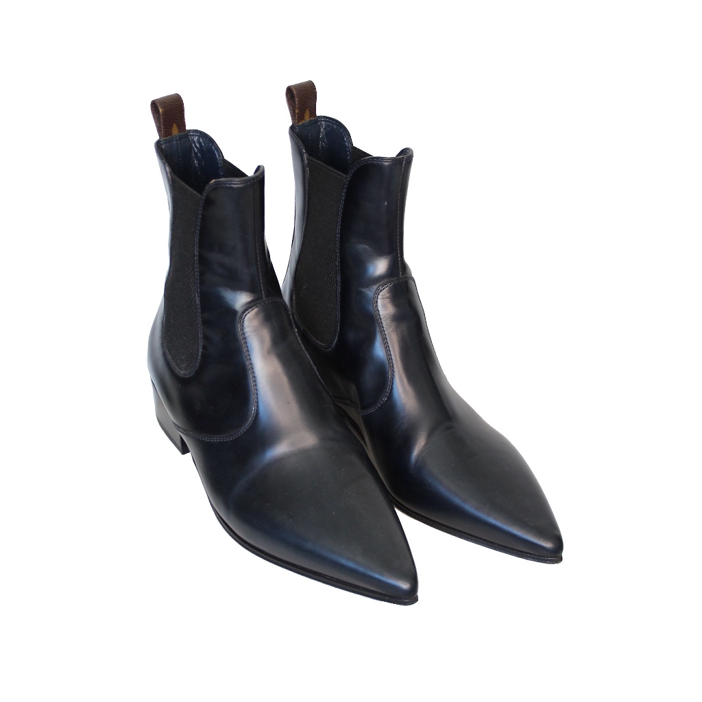 Louis Vuitton Lv Monogram Pointed Toe Black Chelsea Boots Size 37